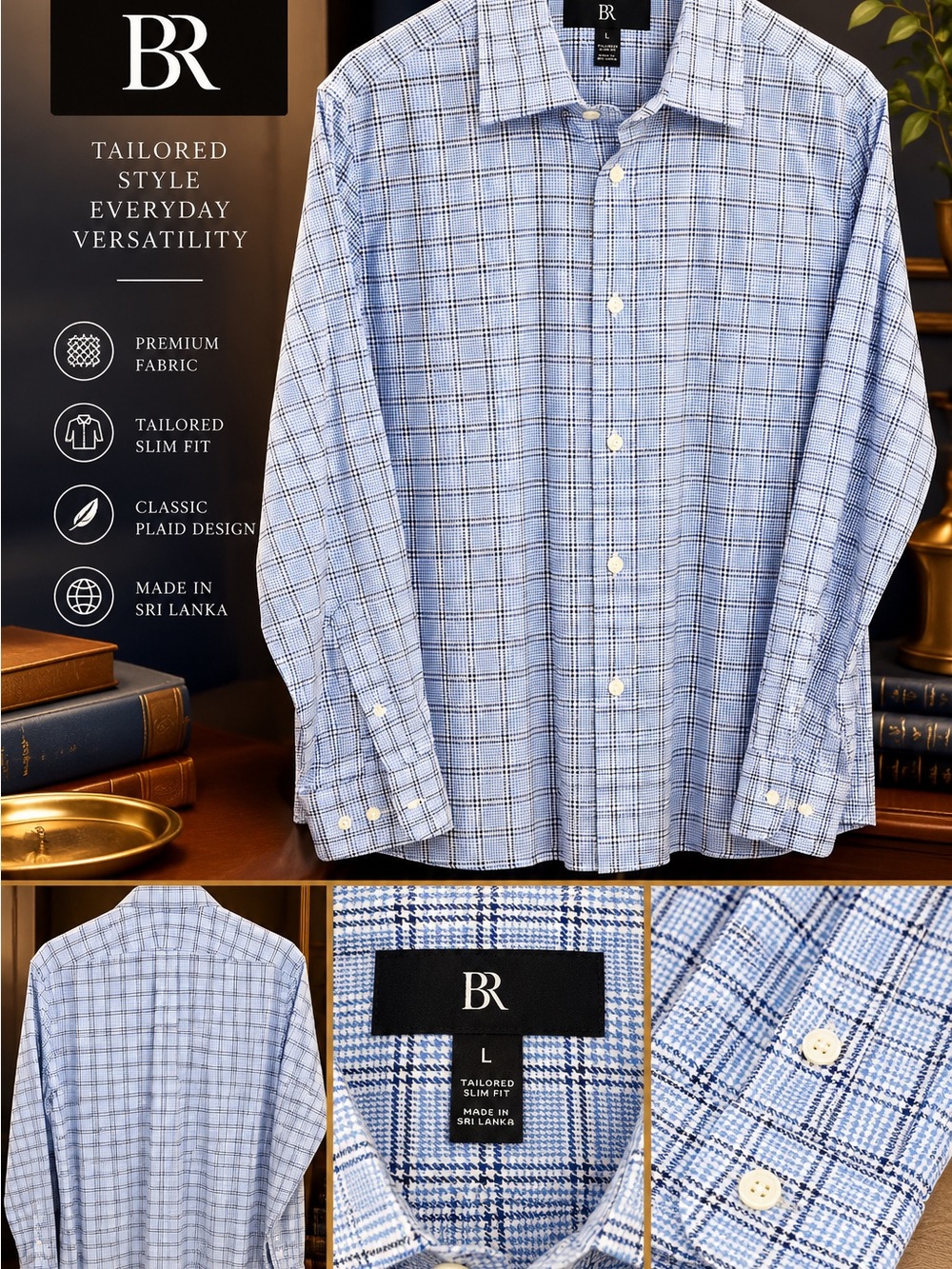 Banana Republic Light Blue & Navy Plaid Tailored Slim Fit Dress Shirt